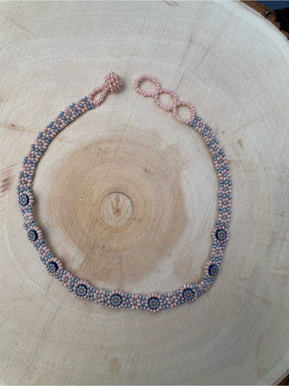 Vintage 1990s Artisan Made seed bead choker necklace with floral accents